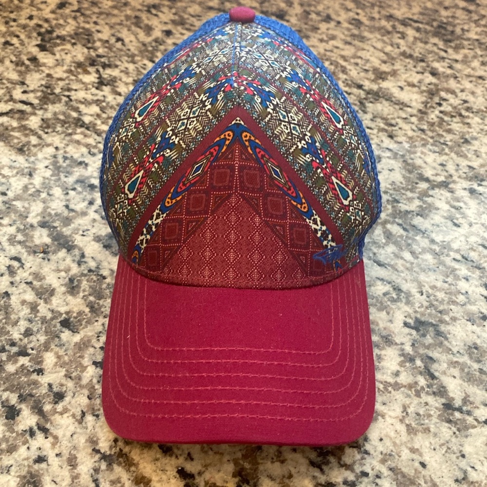 NWOT Prana Abstract Dark Magenta/Blue Trucker Hat. Never worn.